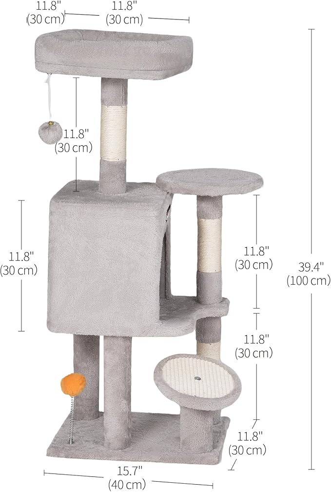 FourFurPets Small Cat Tree, Multi-Level Cat Tree for Indoor Cats, Cat Tower with Scratching Post, Cat Condo for Kittens, 39.4 inch, Light Gray