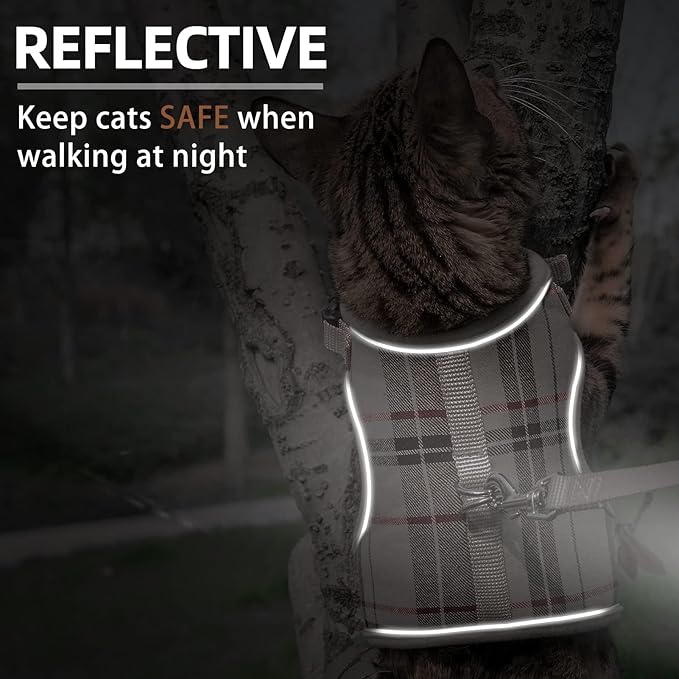 PUPTECK Soft Mesh Cat Vest Harness and Leash Set Puppy Padded Pet Harnesses Escape Proof for Cats Small Dogs Rabbits Bunny, Plaid Beige, L