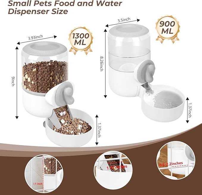 Hanging Cage Automatic Food Water Dispenser with Separate 1.3L Food Bowl and 0.9L Waterer, Kennel Gravity Pet Feeder Set Crate Auto Feeder Dish for Small Pets Cat Puppy Ferret Bunny Guinea Pig