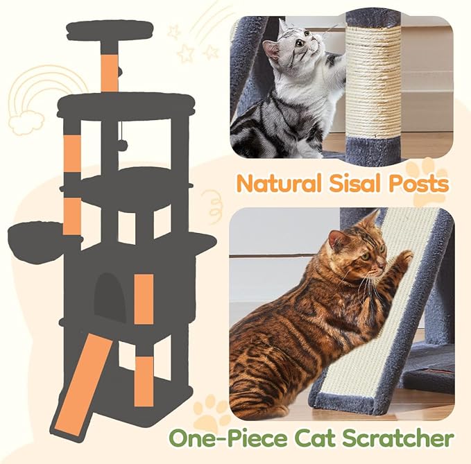 Taoqimiao 72 Inches Cat Tree for Large Cats, Multi-Level Tall Cat Tower, Widened Cat Condo with Large Scratch Board, 5 Scratching Posts, Metal Hammcock, Cozy Basket, Smoky Gray, MS045G