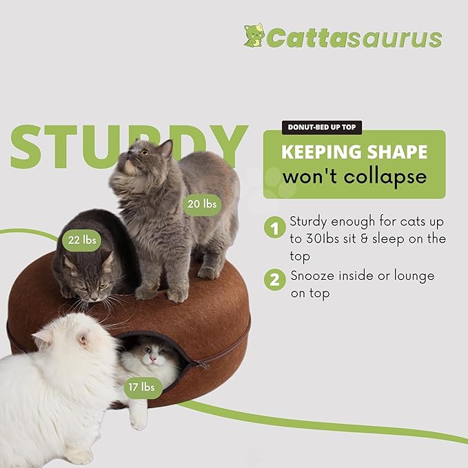 Cattasaurus Peekaboo Cat Cave for Multiple & Large Cats Up to 30-45 Lbs, Scratch Detachable & Washable Tunnel Bed, Comfy Donut Cat Cave (Brown, Large)