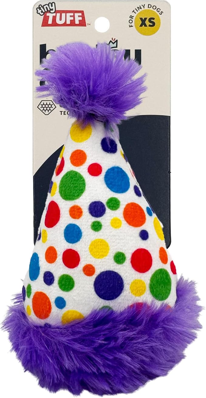 Huxley & Kent Funny Dog Toy w/Squeaker – Power Plush Squeaky Dog Toys for Small Dogs – Durable Small Stuffed Animal for Indoor Play & Fetch - Tiny Tuff Polka Dot Party Hat