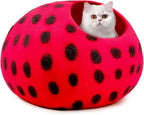 Woolygon Premium Felt Cat Cave Bed - Polka Dot Series - Wool Kitty Beds Handcrafted Kitten Caves Bed for Indoor Cats - Eco-Friendly Merino Wool, Foldable Cat Hideaway Cat Houses (Red/Black Dots)