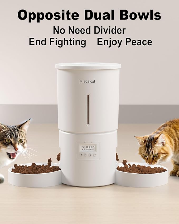 Dual Automatic Cat Feeder 2 Cats,6 Meals/Day,12 Portions/Meal,4.2L Dual Power Double Bowls Feeder,Dry Food Auto Pet Dispenser,10S Voice Record,Flexible Schedule Timer (White,Basic Dual Bowls)