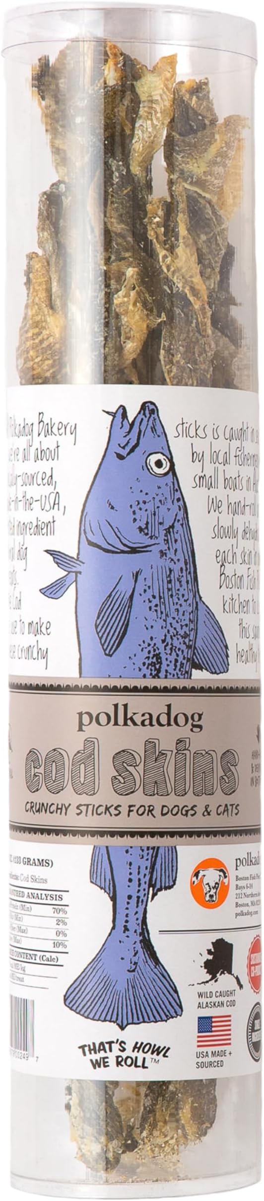 Polkadog Cod Skins for Dogs (4.7oz Regular) - Single Ingredient, Wild-Caught Fish Skin Dog Treats for All Breeds – High in Lean Protein & Omega-3. Hypoallergenic, Grain Free. Handcrafted & Made in USA