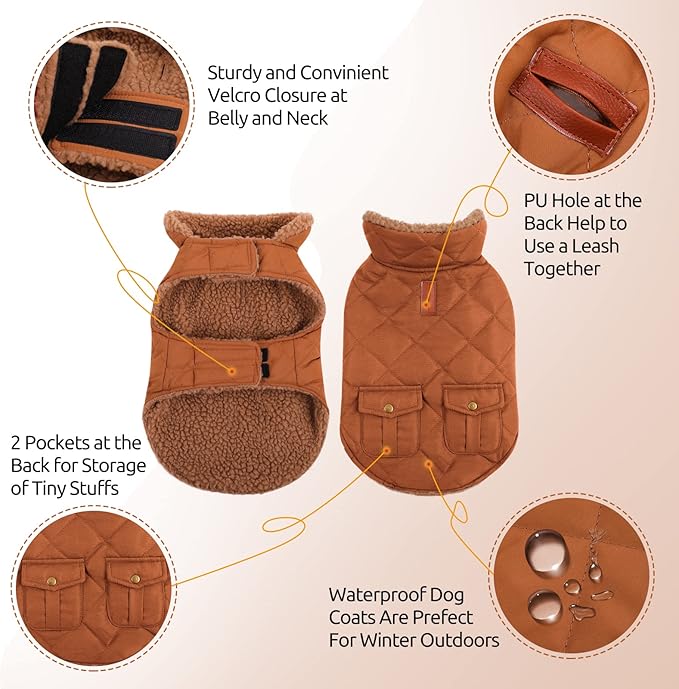 Queenmore Warm Puffer Dog Coat, Quilting Winter Jacket Ultra Thick Plush Lining with Storage Pockets (Brown, Small)