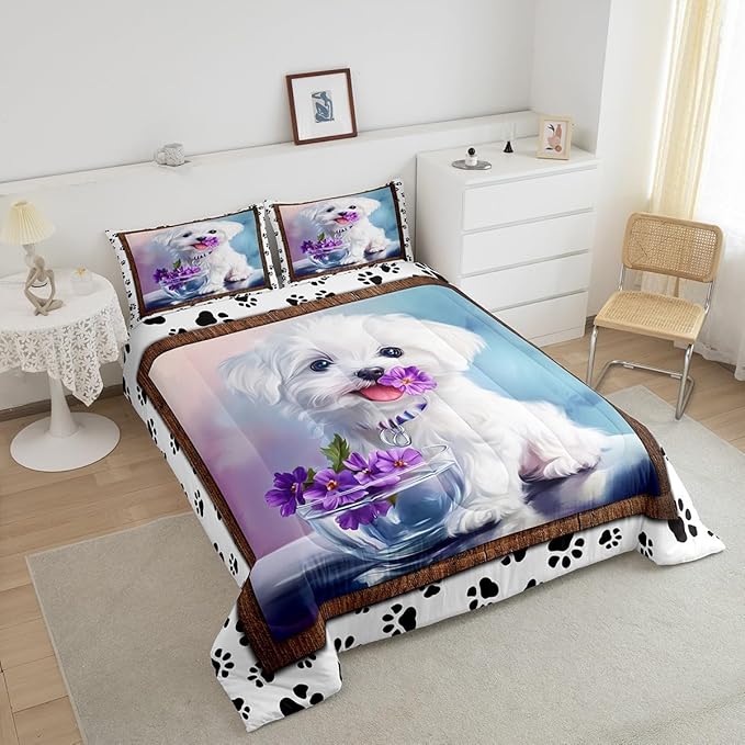 Erosebridal Cute Animal Bedding Set Twin White Dog Comforter Set, Kawaii Pet Bedding Comforters & Sets Cartoon Puppy Paws Duvet, Pink Purple Floral Flower Quilt Comforter Animal Theme Bedroom Decor