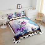 Erosebridal Cute Animal Bedding Set Twin White Dog Comforter Set, Kawaii Pet Bedding Comforters & Sets Cartoon Puppy Paws Duvet, Pink Purple Floral Flower Quilt Comforter Animal Theme Bedroom Decor