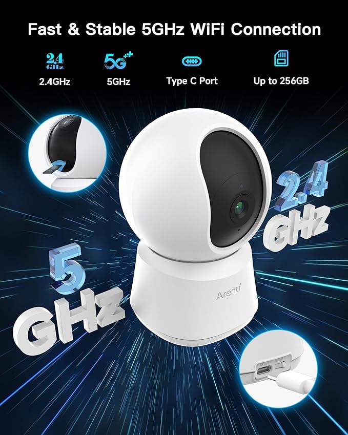 ARENTI 5G 4MP Pet Camera, No Subscription Indoor Security Camera for Dog/Cat/Baby, Free Phone App, Dual-Band WiFi, Auto Tracking, Super Night Vision, 2-Way Talk, 64G Local Storage(P2Q 64G 1PC)