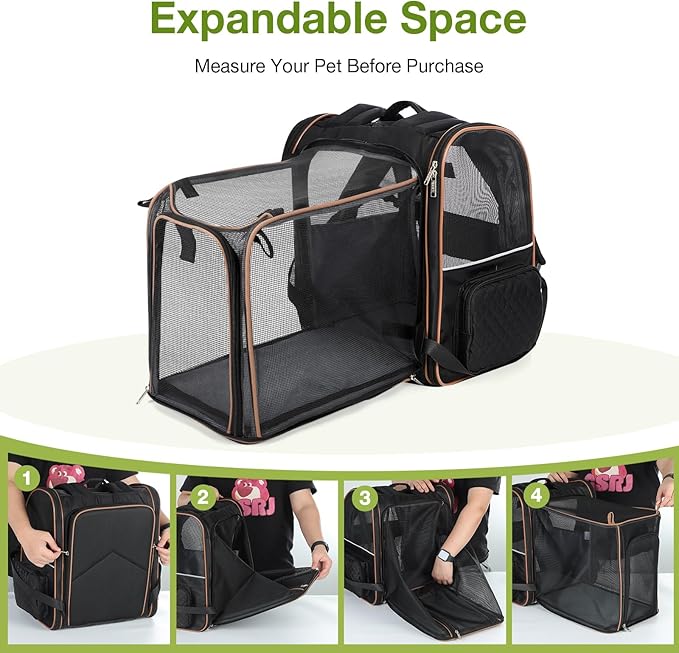 Lekebobor Large Cat Backpack Carrier Expandable Pet Carrier Backpack for Small Dogs Medium Cats Fit Up to 18 Lbs, Dog Backpack Carrier, Foldable Puppy Backpack Carrier for Travel,Quilted Black