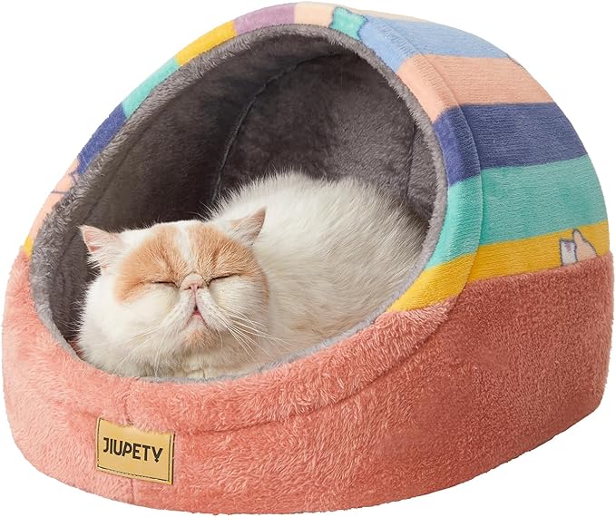 Jiupety Cute Cat Beds for Indoor Cats, Cat Cave Bed and Kitten Bed, Hideway Cat House and Cat Tent with Anti-Slip Bottom, Washable Removable Cushion, M(16"x16"x13"), Rainbow.