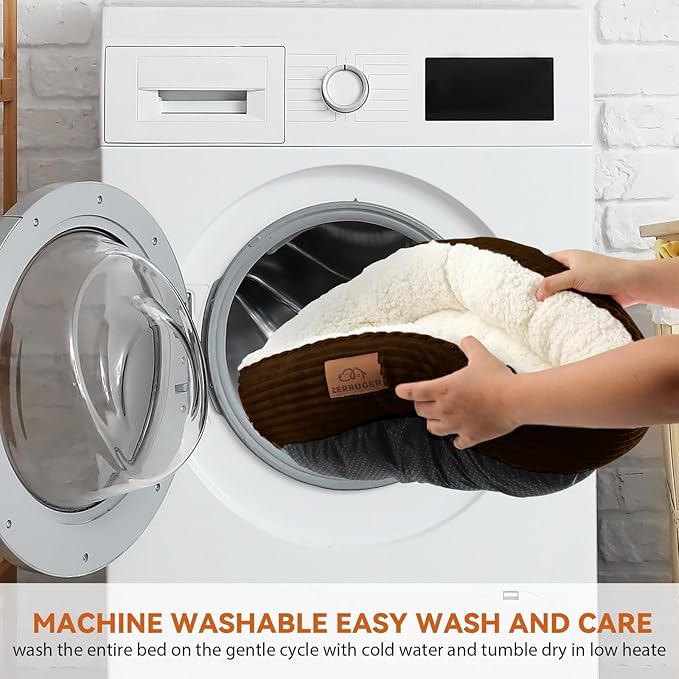 Dog Bed for Small Dogs, Washable Dog Bed, Round Donut Pet Bed for Puppy and Kitty, Extra Soft Calming Dog Beds with Anti-Slip Bottom, 23 Inches, Brown