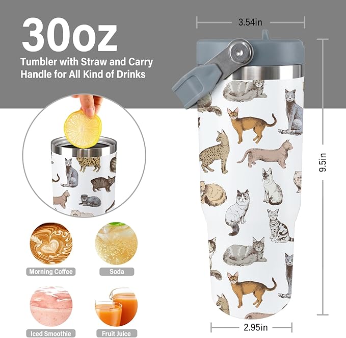 Cat Tumbler With Lid and Straw - 30oz Stainless Steel Cute Water Bottle Cup - Funny Gifts for Women