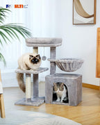 PEQULTI Small Cat Tree, [28.5''] Cat Tower for Indoor Cats, 2 Styles Activity Tree with Cat Scratching Posts, Big Hammock and Removable Top Perch Grey