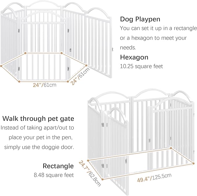 BHG Metal No-Assembly Freestanding Dog Gate with Door Walk Through, Extra Wide 144", Extra Tall 32" Pet Gate, Accordion Puppy Folding Playpen Dog Fence for Indoor & Outdoor, with 2PCS Support - White
