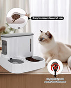 Automatic Cat Feeder,Gravity Auto Timed Pet Dry Food Self Feeding Container Dishes Bowl and Water Dispenser Fountain for Dog Puppy Kitten Kit Set Integrated 2 in 1 Continuous Tray(Grey)