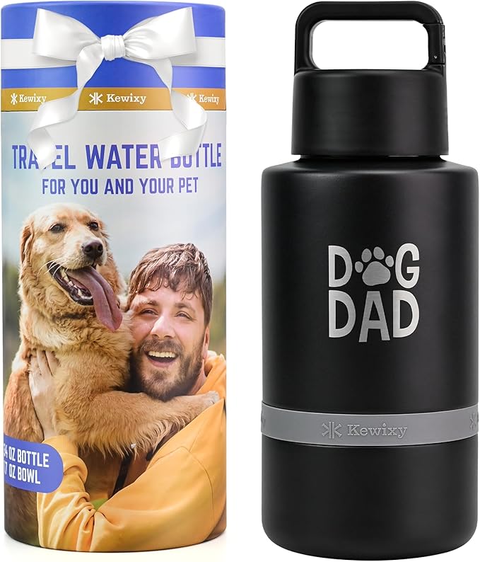 Insulated Dog Water Bottle with Travel Bowl, Portable Water Bottle Dispenser, Accessories for Car, Hiking, Camping, Outdoor, Leak-Proof, Detachable (DogDad-Black)
