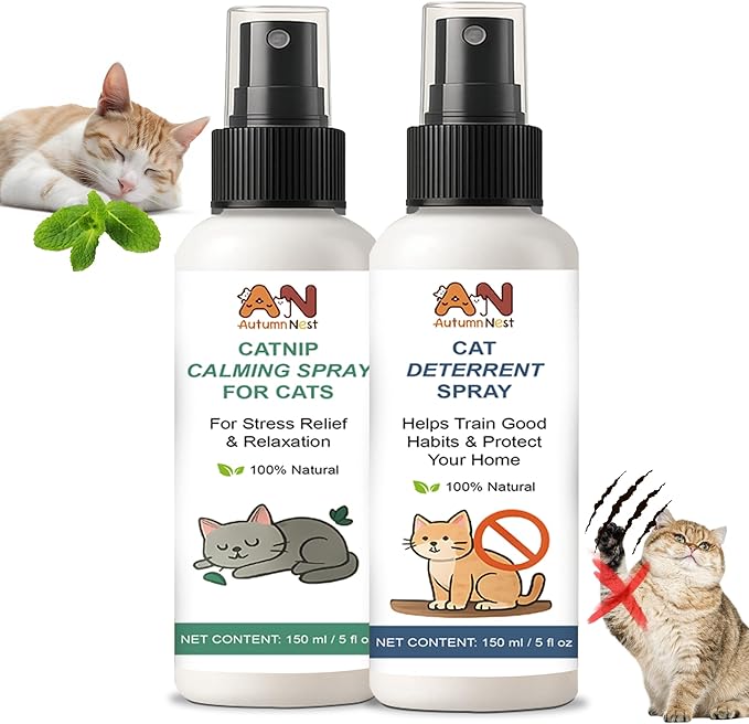 Cat Spray 2-Pack Furniture Saver Kit – 150ml Cat Deterrent Spray + Calming Catnip Spray – Anti-Scratch Training & Stress Relief Solution for Indoor Cats & Kittens