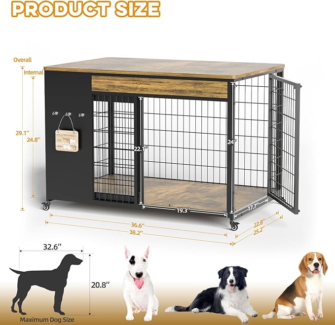 38" Dog Crate Furniture - Dog Crate with DIY Frame, Sliding Door Indoor Kennel, Wooden Dog Cage End Table, for Medium/Large Breed, Rustic Brown Size L