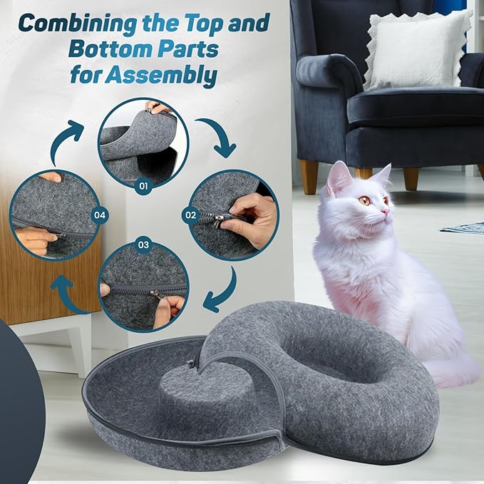 Peekaboo Large Cat Cave and Tunnel Bed - Donut Cat Bed for Indoor Cats up to 30-45 lbs, Scratch Resistant, Detachable & Washable, Cat Donut Tunnel (Dark Gray, Large)