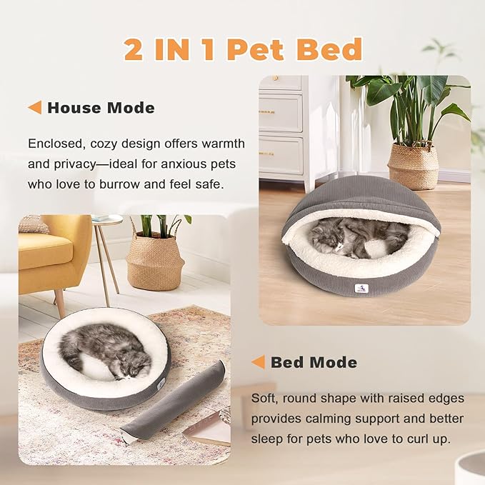 23" Covered Cat Bed Cave for Indoor Cats and Small Dogs - Enclosed Cozy Pet Bed with Hooded Roof for Added Security & Warmth, Washable & Removable Cushion, Anti-Slip Bottom Cat House, Gray