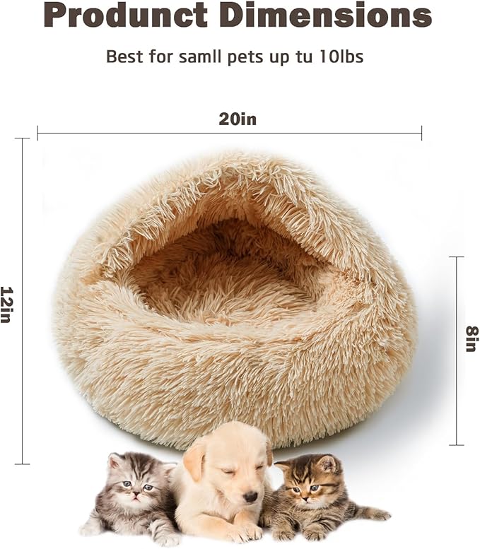 Cat Bed Calming Cat Beds,Indoor Washable Cat Bed，Anti-Slip Faux Fur Fluffy Cuddler Anxiety Cat Bed,Warming Cuddler Cushion Bed for Small Medium Dogs and Cats (Apricot Color, 20 * 20inch)