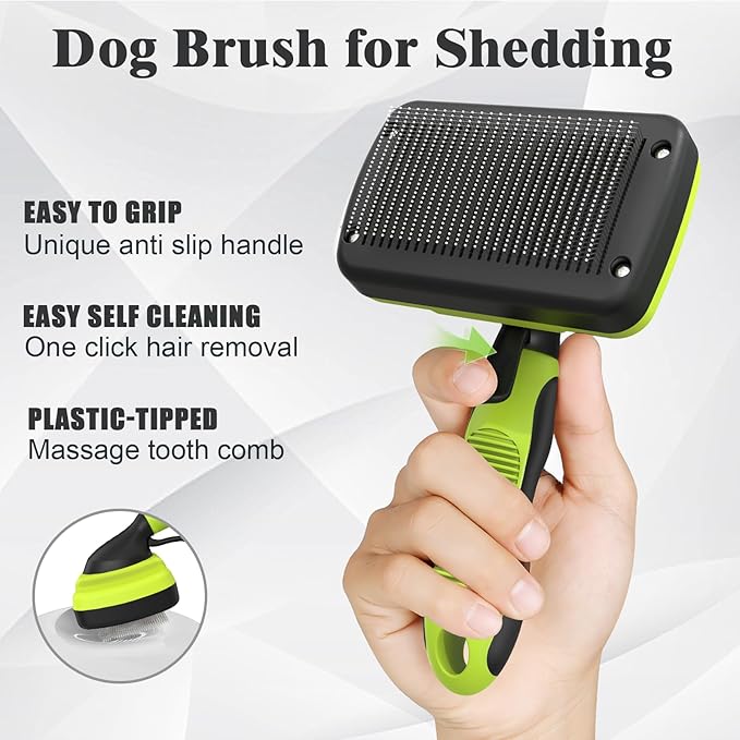 3PCS Dog Grooming Kit - Deshedding Dog Brush, Self Cleaning Slicker Brush, Bath Brush and Comb, Suitable for Hair Removal and Bathing of Dogs & Cats (Green Black)