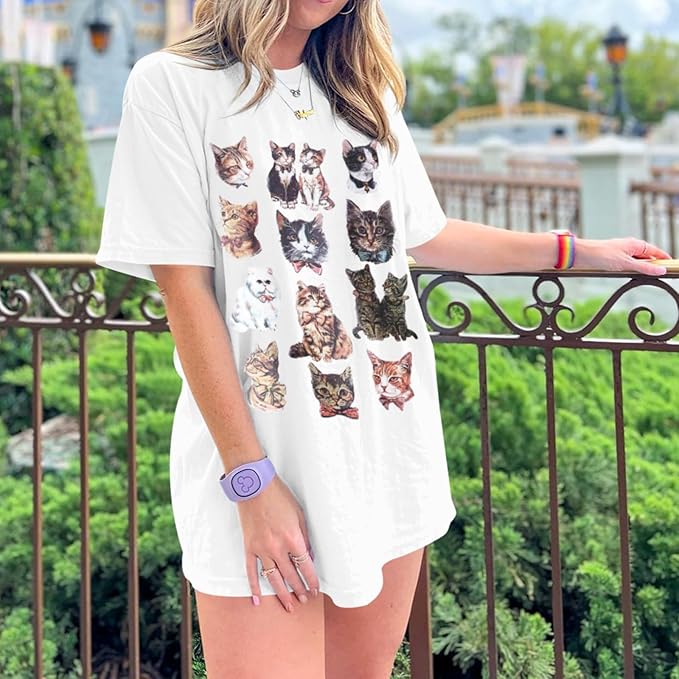 Oversized Cat Shirt Cute Graphic Tees for Women Y2k Funny Tshirts Baggy Aesthetic Shirts Cat Lover Gifts Kawaii Tops(White,XL)