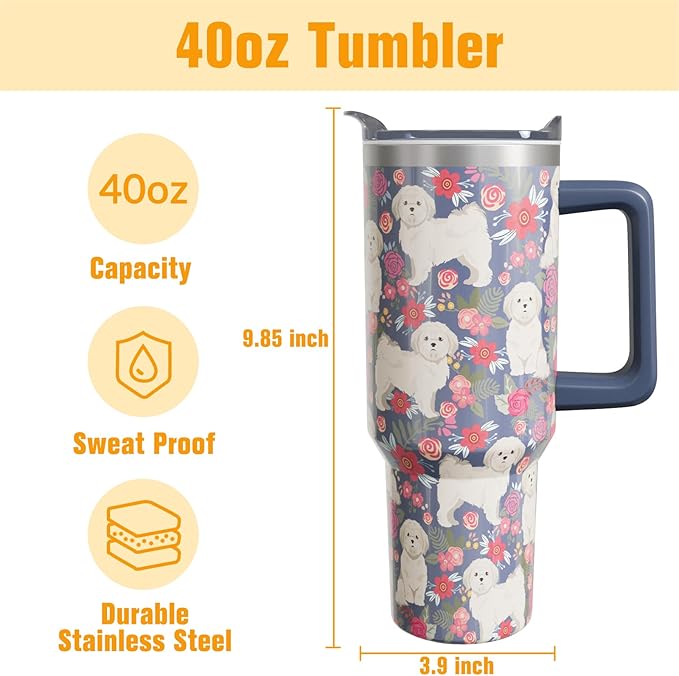Shih Tzu Gifts for Women Dog Lovers 40 oz Floral Shih Tzu Tumblers with Handle and Straw, Stainless Steel Vacuum Insulated Travel Coffee Mug Cup Water Bottle
