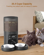 Automatic Cat Feeders - 6L Cat Food Dispenser with Double Bowls, Programmable Timed Feeder for Up to 6 Meals per Day with 10S Voice Recorder, Supports Dual Power Supply