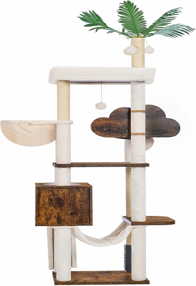 Heybly Wood Cat Tree for Indoor Cats, Cat Condo for Large Cats with Self Groomer, Modern Cat Scratching Tower with Basket, Hammock, Dangling Ball and Leaves, Rustic Brown HCT120SR