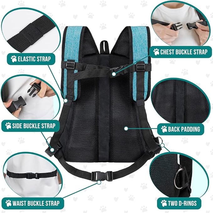 PetAmi Adjustable Cat & Dog Chest Carrier Backpack, Ventilated for Hiking & Camping, Max 15 lbs, Teal Blue
