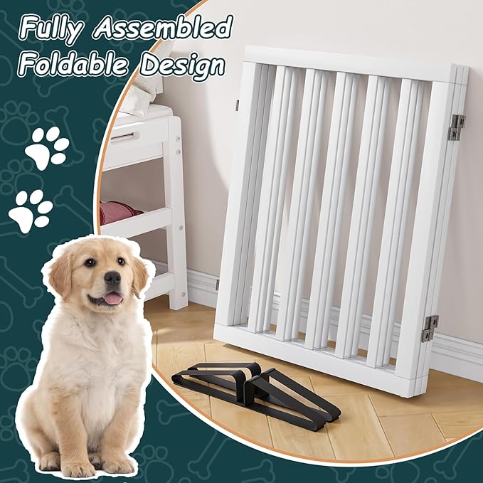 Semiocthome Bamboo Freestanding Dog Gates for Doorways,3-Panel Indoor Puppy Gates for the House with 2 Metal Stands,24"H Folding Pet Gate for Stairs Expands Up to 55"W Fully Assembled Stair Gate White