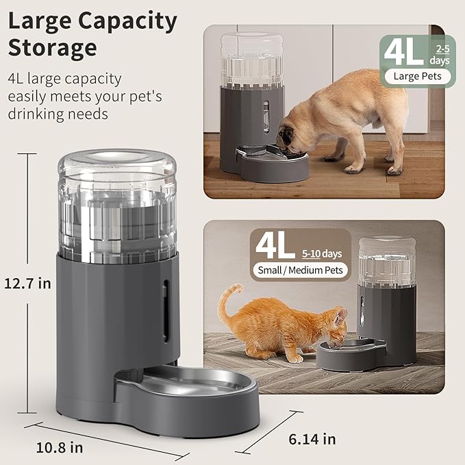 Cat Water Dispenser and Stainless Steel Bowl, Automatic Gravity Water Dispenser for Cats or Small Medium Size Dogs, Large Capacity, Easy to Clean and Safe for Pets