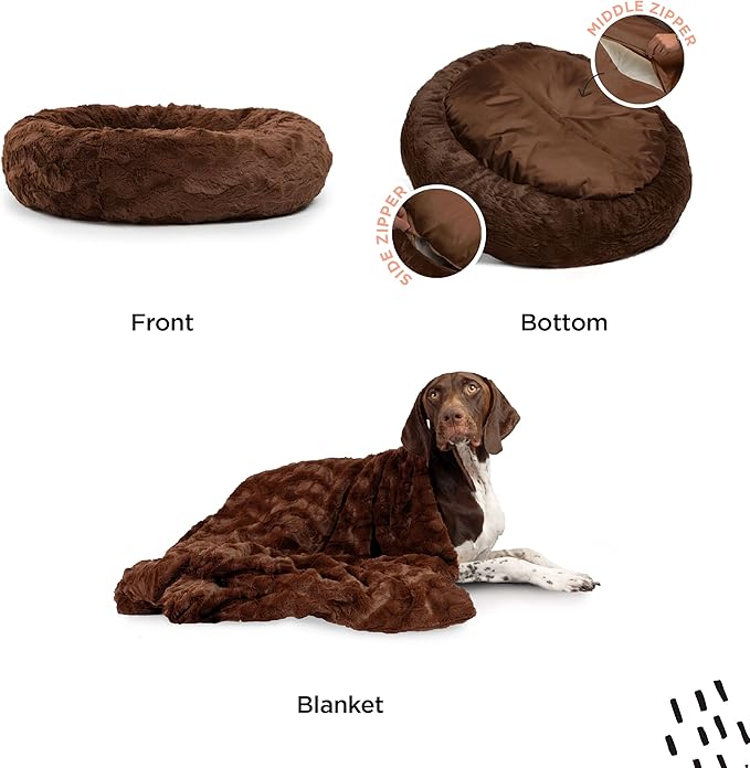 Best Friends by Sheri Bundle Set The Original Calming Lux Donut Cuddler Cat and Dog Bed + Pet Throw Blanket Dark Chocolate Medium 30" x 30"