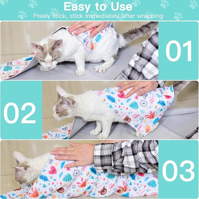 17.7" Cat Grooming Wrap, Cat Wrap for Cutting Nails, Self-Adherent Fabric Wrap for Cats, Anti-Scratch, Anti-Escape, Multifunctional Swaddle Wrap Pet Tool (Panda, Medium)