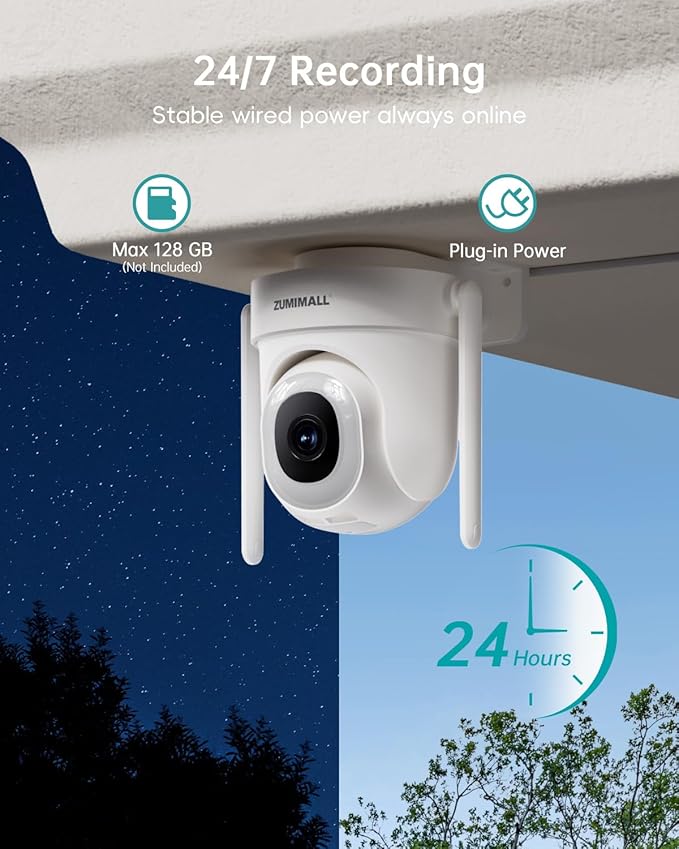 ZUMIMALL 5MP Outdoor Camera 2-Pack - 24/7 Recording Wired Power, Support 5GHz WiFi | Motion & Noise Detection, 360° PTZ Auto Tracking, Color Night Vision | IP66, Alexa Google Compatible