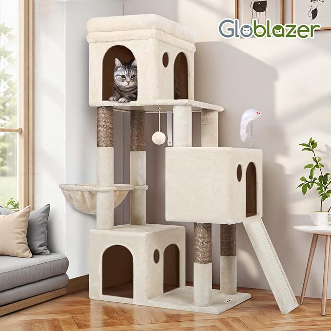 Globlazer Cat Tree Tower for Indoor Cats, 52in Multi-Level Heavy Duty Cat Tower with 4 Scratching Posts, Ladder, Sturdy Cat Tree with 3 Cat Condos for Adult Cats Kittens, Hanging Basket, F52B, Beige