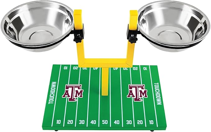 NCAA Texas A&M Aggies Goalpost Football Field Dog Feeder – Adjustable Elevated Dog Bowls with Stand, 2 Stainless Steel Bowls, Non-Slip Rubber Feet, Raised Pet Feeder for Large & Small Dogs