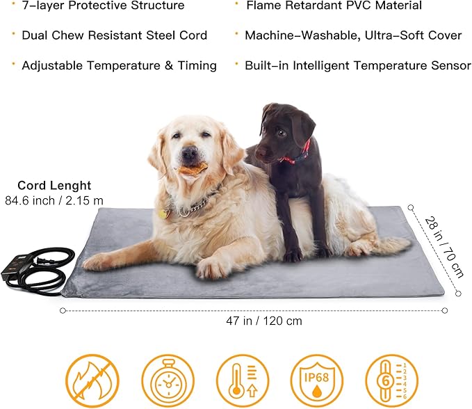 Toozey Extra Large Pet Heating Pad, 6 Adjustable Temperature Dog Cat Heating Pad with Timer, Waterproof Heated Dog Bed with Chew Resistant Cord, Indoor Electric Pet Heated Mat 47x28in