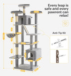 Made4Pets Tall Cat Tree, 80" Cat Tree Tower for Indoor Cats Large Adult, Modern Cat Tower with Scratching Post, Cozy Hammock, 3 Perches and 2 Condos, Sturdy and Fluffy, Light Gray