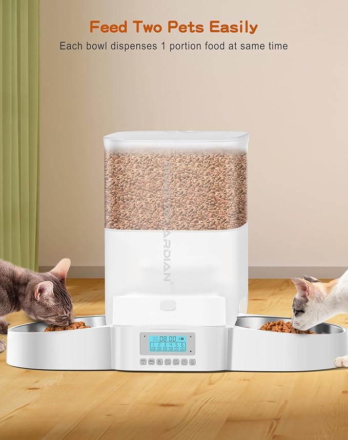 HoneyGuaridan Automatic Cat Feeder for Two,3.5L Cat Food Dispenser with Stainless Steel Bowl,Timed Feeder Programmable 1-6 Meals Control, Dual Power Supply,Desiccant Bag,10s Meal Call
