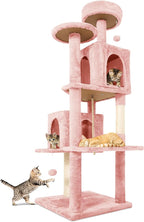 58.5inch Large Cat Tree Tower Condo for Indoor Cats, Soft Plush Multi-Level Climbing Tree Cat House with 1 360° Rotating Cat Cave, Scratching Post, More Entrance/Exit, Sisal Rope, Pink