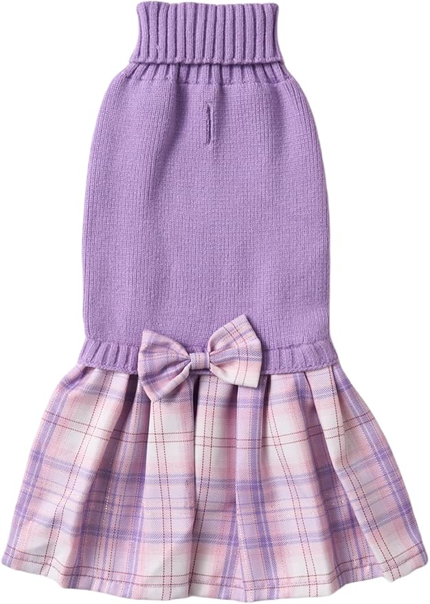 Purple Knitted Dog Sweater Dress, Cute Pink Plaid Dog Sweaters for Small Dogs Girl, Maltese Cat Apparel, Small (S)