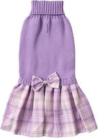 Purple Knitted Dog Sweater Dress, Pink Plaid Dog Winter Clothes Dresses for Small Dogs Girl, Maltese Cat Apparel, X-Small (XS)
