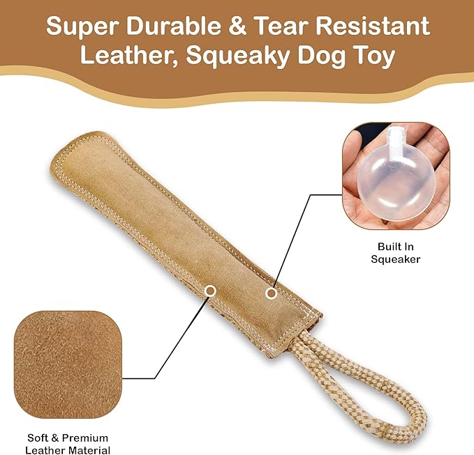 SPOT Dura-Fused Leather Retriever Dog Toy – Real Leather & Jute Fabric, Double-Stitched & Durable, Squeaky Interactive Tug Toy with Rope Handle for Moderate Chewers, Soft Stuffed Fetch Toy, 15in