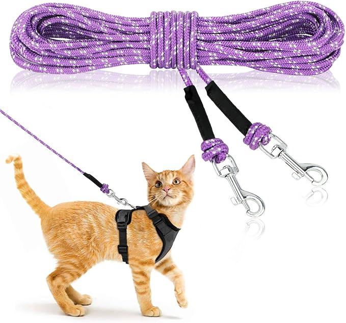Rypet Reflective Cat Long Leash - 15 FT Escape Proof Walking Leads Yard Long Leash Durable Safe Personalized Extender Leash Traning Play Outdoor for Kitten, Puppy, Rabbit and Small Animals(Purple-S)