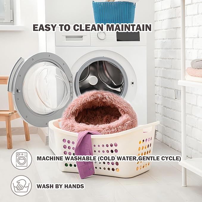 Cat Bed Calming Cat Beds,Indoor Washable Cat Bed，Anti-Slip Faux Fur Fluffy Cuddler Anxiety Cat Bed,Warming Cuddler Cushion Bed for Small Medium Dogs and Cats (Leather Pink, 20 * 20inch)