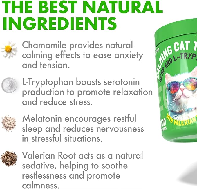 Cat Calming Treats Natural Anxiety Relief for Indoor Cats Stress & Travel Storm Separation Support Helps with Vet Visits, Grooming & Loud Noises Soothing Behavior Aid 100 Yummy Chews