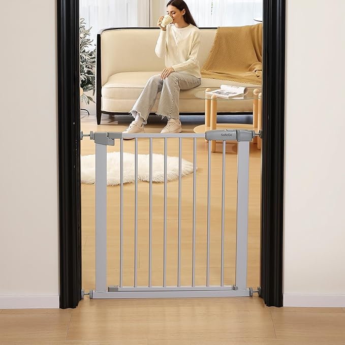 29"-57" Baby and Pet Safety Gate, 30" Tall Metal Walk-Thru Gate for Doorways & Stairs, Easy One-Hand Open, Dual Lock (White, 29" W x 30.5“H)